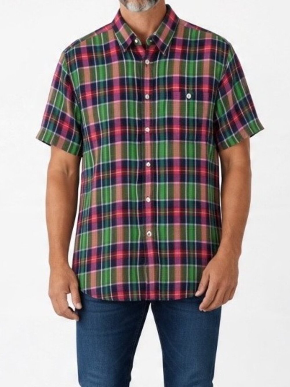 Vintage Orvis Signature Madras Plaid Linen Button Down Short Sleeve Shirt Mens L